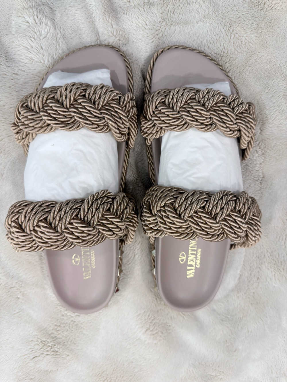 Valentino Garavani Braided Rope Double-Strap Slide Sandals in Taupe/Nude